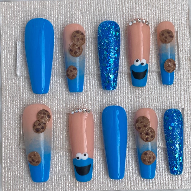 Cookie Monster Nails Acrylic Gel 3D Press On Long Coffin Nails Etsy