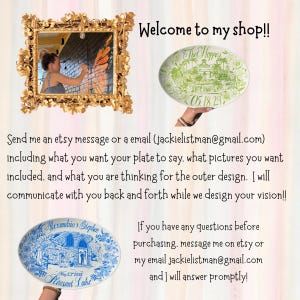 May include: A shop announcement featuring a gold ornate frame with a photo of an artist painting a mural, and two oval ceramic plates. One plate has green ink illustrations with the text The Hoppes 05.18.24, and the other has blue ink with Alexandria's Stephen May 23 2026 Pleasant Lake.