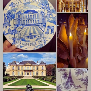 May include: A round white ceramic plate featuring blue illustrations of a French mansion, the Eiffel Tower, and the Arc de Triomphe. The text LES AMIS, PARIS is at the top, and 8 NOVEMBER 2025 is at the bottom, framed by a decorative blue border.
