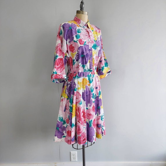 Big Floral Shirt Dress 80s does 50s Full Skirt - image 3