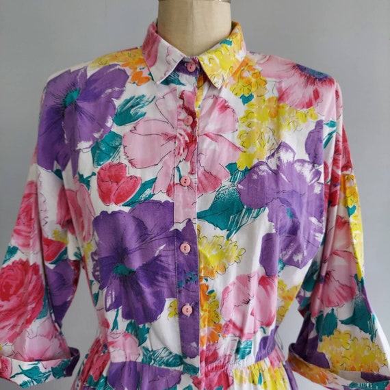 Big Floral Shirt Dress 80s does 50s Full Skirt - image 2