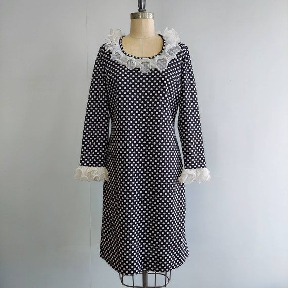 Black Dress with White Polka Dots and Ruffle Trim… - image 2