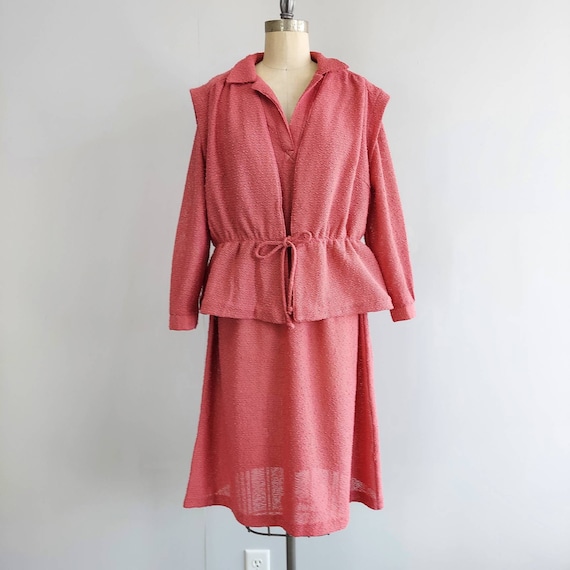 70s Dusty Rose Pink Knit Dress with Matching Vest… - image 1