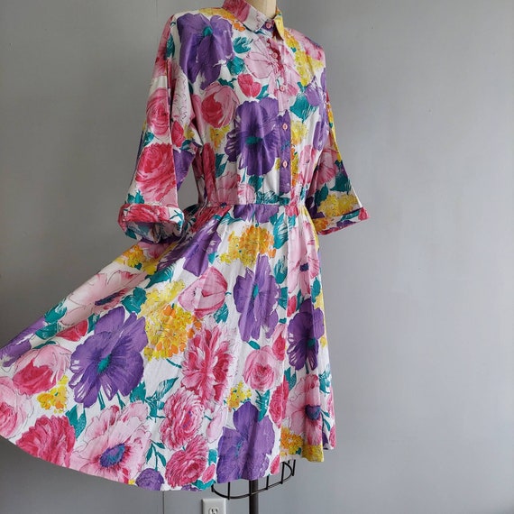 Big Floral Shirt Dress 80s does 50s Full Skirt - image 5