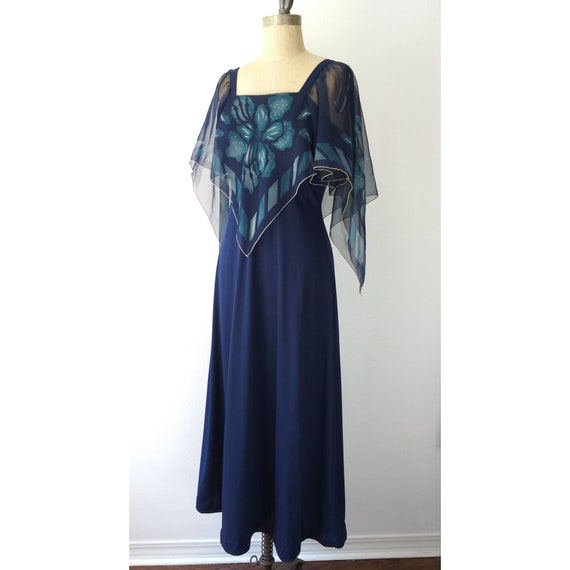 70s Navy Maxi Dress with Hibiscus Scarf Caplet