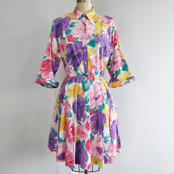 Big Floral Shirt Dress 80s does 50s Full Skirt - image 1