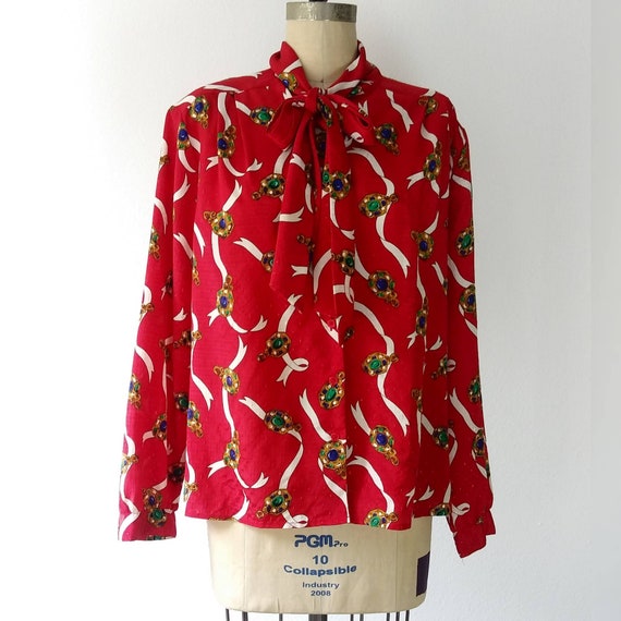 Red Bejewelled Print Blouse with Bow