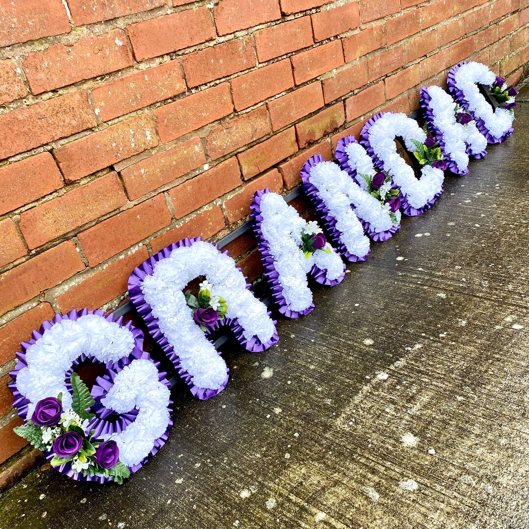 GRANDAD WREATH White With Purple or ANY 7 Letters Custom Funeral or ...
