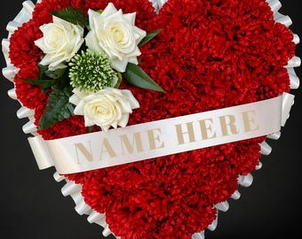 Artificial Funeral heart Tribute, personalised ribbon, Silk Sympathy flowers, memorial arrangement, choice of colours