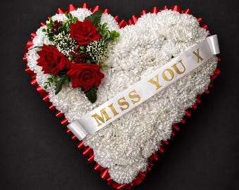 Artificial Funeral heart Tribute, personalised ribbon, Silk Sympathy flowers, memorial arrangement, choice of colours