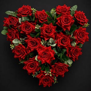 May include: A heart-shaped arrangement of vibrant red roses, accented with green leaves and small sprigs of greenery. The roses are in full bloom, creating a dense, textured display against a black background. A romantic floral design.