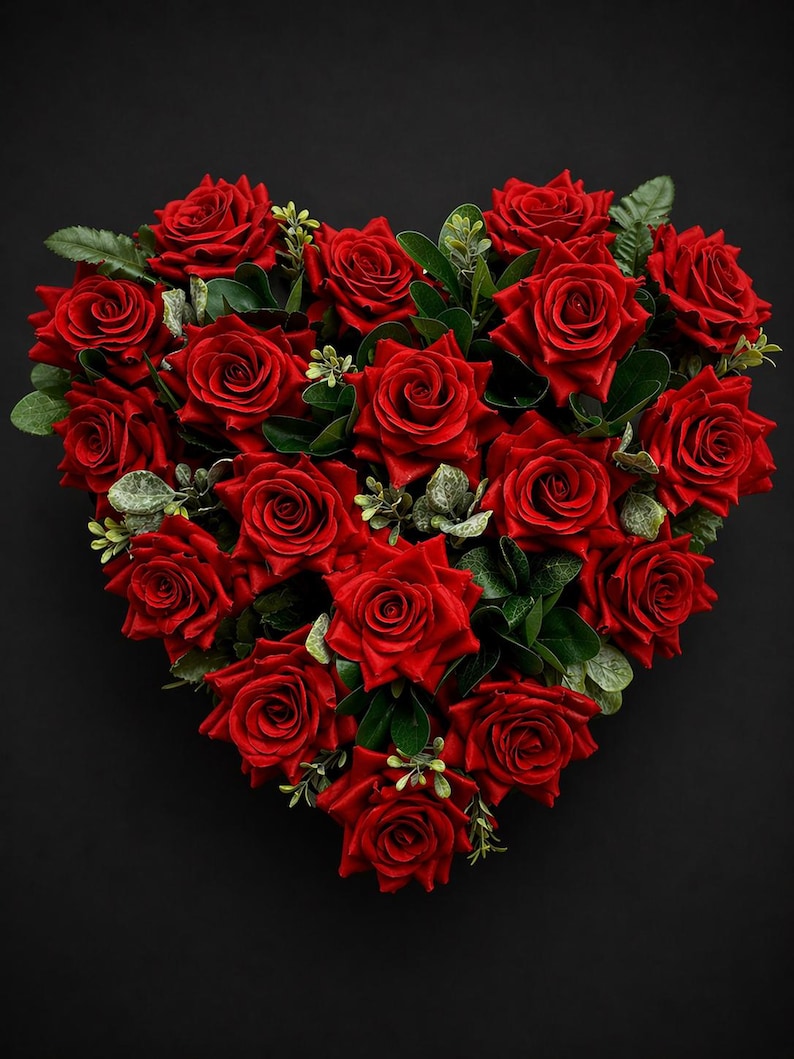 May include: A heart-shaped arrangement of vibrant red roses, accented with green leaves and small sprigs of greenery. The roses are in full bloom, creating a dense, textured display against a black background. A romantic floral design.