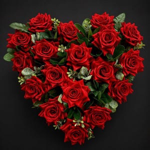 May include: A heart-shaped arrangement of vibrant red roses, accented with green leaves and small sprigs. The roses are in full bloom, creating a dense, textured display. The arrangement is set against a dark background, highlighting the bright red color.