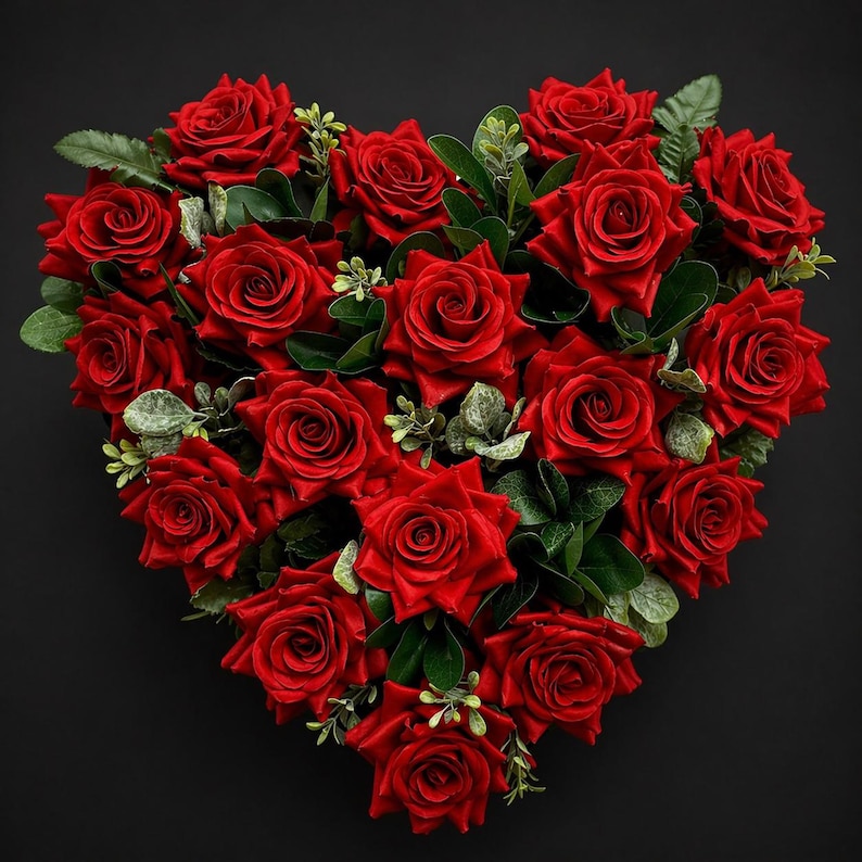 May include: A heart-shaped arrangement of vibrant red roses, accented with green leaves and small sprigs. The roses are in full bloom, creating a dense, textured display. The arrangement is set against a dark background, highlighting the bright red color.