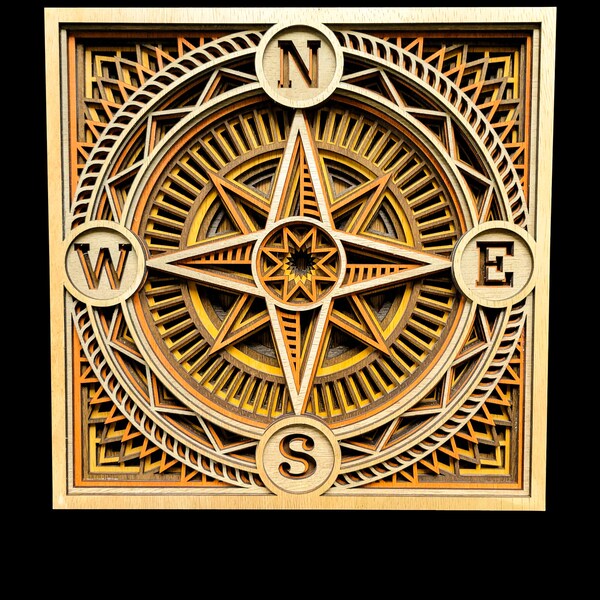 Engraved Wood Compass Wall Art, Rustic Wooden Handcrafted Boho Home Accent, Farmhouse Wall Decor, Nautical Star Compass Living Room Wall Art