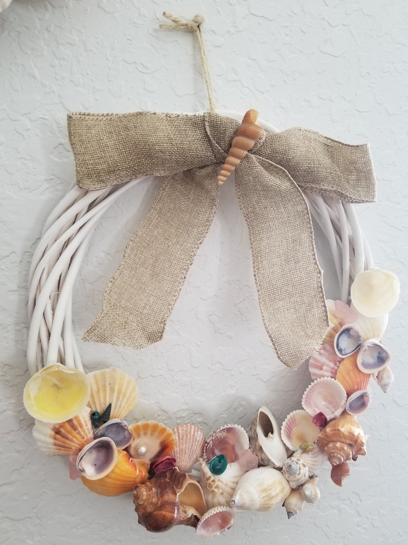 Beautiful 12 Bamboo Front Door Coastal Shell Wreath or Wall Hanger. Our