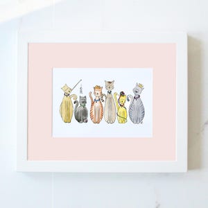 Cat Line Original Watercolor Painting Print Hand Drawn Hanging Wall Art Cats Animal Artist Hand Painted Simple Kitten Kitty Tabby Princess