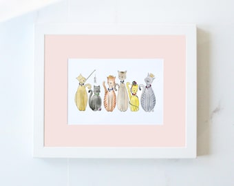 Cat Line Watercolor Painting Print: Matted Kitten Wall Art