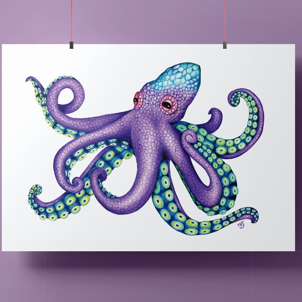 Colorful Octopus Original Colored Pencil Drawing Print Hand Drawn Artist Hanging Wall Art Sea Creature Ocean Purple Tentacles Green Teal