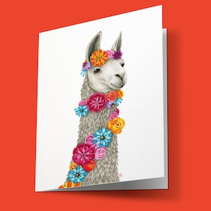 5 Pack Llama Greeting Card 5x7 Original Colored Pencil Drawing Animal Card Birthday Card Flowers Floral Animal Art Colorful Alpaca Blank