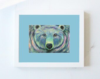 Colorful Bear Art Print: Original Acrylic Painting, Matted Wall Hanging
