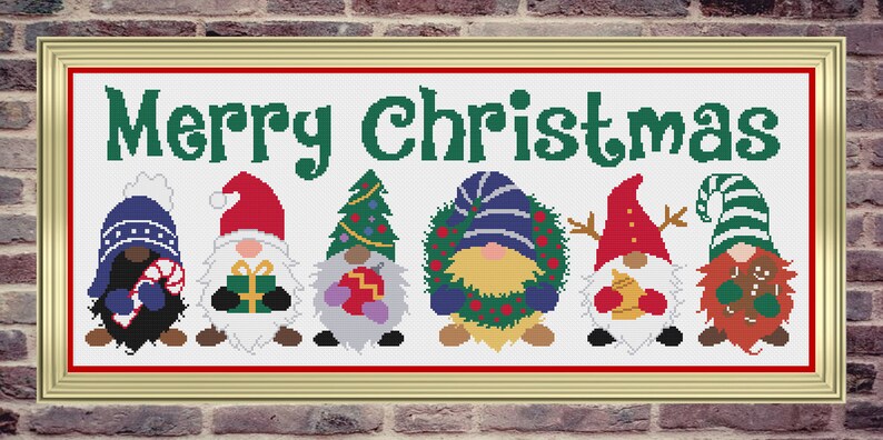 May include: A cross-stitch pattern featuring six gnomes with different Christmas-themed accessories, including a candy cane, a gift box, a Christmas tree, a wreath, a gingerbread cookie, and a reindeer. The gnomes are lined up in a row with the text "Merry Christmas" above them.