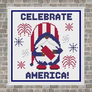 Gnome Cross Stitch Patterns, Patriotic Gnome Cross Stitch Pattern, Counted Cross Stitch Patterns, Cross Stitch Patterns