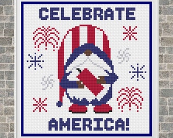 Gnome Cross Stitch Patterns, Patriotic Gnome Cross Stitch Pattern, Counted Cross Stitch Patterns, Cross Stitch Patterns