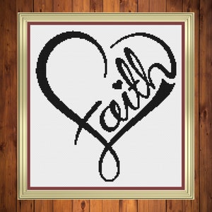 May include: Black and white cross stitch pattern of the word "faith" written in a cursive font inside a heart shape.