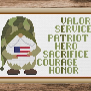Gnome Cross Stitch Patterns, Veteran Gnome Cross Stitch Pattern, Counted Cross Stitch Patterns, Cross Stitch Patterns, Military Cross Stitch