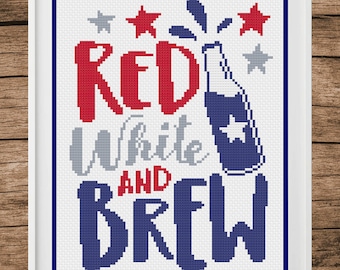 Patriotic Cross Stitch Pattern, Beer Cross Stitch Pattern, Fourth of July, Cross Stitch, Cross Stitch Patterns, Counted Cross Stitch