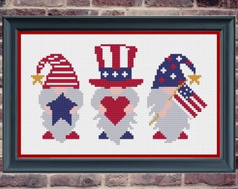 Patriotic Cross Stitch Pattern, Gnome Cross Stitch Pattern, Fourth of July, Cross Stitch, Cross Stitch Patterns, Counted Cross Stitch