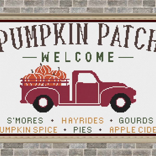 Fall Cross Stitch, Fall Cross Stitch, Pumpkin Cross Stitch, Truck Cross Stitch, Fall Home Decor, Cross Stitch, Cross Stitch Patterns