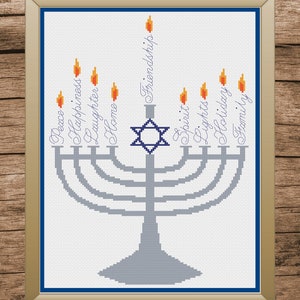 May include: A silver menorah with nine candles, each with a flame. The menorah is decorated with a blue Star of David. The words "Peace", "Happiness", "Laughter", "Home", "Friendships", "Spirit", "Lights", "Holiday", and "Family" are written around the menorah.