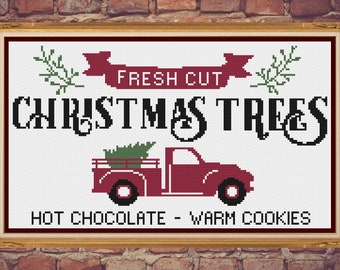 Christmas Cross Stitch, Christmas Cross Stitch Pattern, Christmas Truck, Truck Cross Stitch, Truck Cross Stitch Pattern, Cross Stitch
