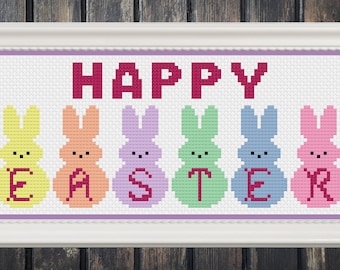May include: Cross stitch pattern featuring a colorful Easter bunny design with the text "Happy Easter".