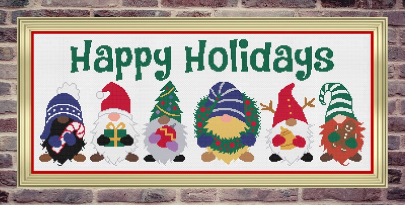 May include: Cross-stitch pattern featuring six gnomes with different holiday themes, including a candy cane, a gift, a Christmas tree, a wreath, a reindeer, and a gingerbread man. The text "Happy Holidays" is above the gnomes.