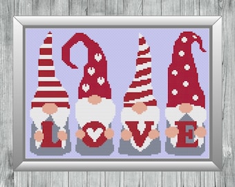 Valentine's Day Cross Stitch, Valentines Day Cross Stitch, Valentine Gnomes Cross Stitch, Gnomes Cross Stitch, Cross Stitch
