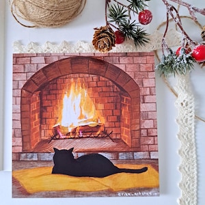 Cute and Cosy Winter Christmas Black Cat by the Fireplace Illustration Art Print Postcard