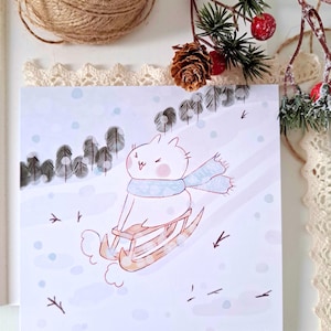 Carte postale impression d'art mignon drôle confortable chat du pays des merveilles d'hiver sur la neige saison de Noël illustration