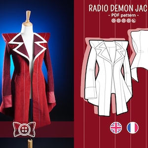 Può includere: Una giacca rossa a maniche lunghe, con colletto alto e bordi bianchi sui risvolti, esposta su un manichino. Accanto, un'illustrazione digitale etichettata RADIO DEMON JACKET - PDF pattern, che mostra i disegni tecnici del fronte e del retro.