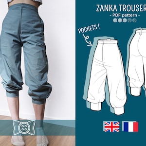 May include: A pair of teal-colored Zanka trousers with a high waist and gathered cuffs. The image also shows a PDF pattern with the text "Zanka Trousers - PDF pattern" and the word "Pockets!" with an arrow pointing to the design.