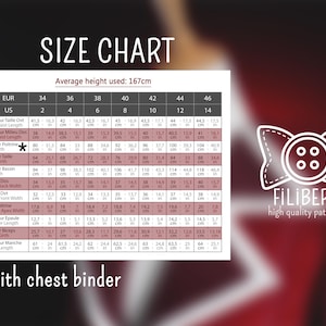 May include: Size chart for clothing with measurements in inches and centimeters. The chart includes measurements for bust, waist, hips, back length, shoulder length, sleeve length, and more. The chart is for sizes 34 to 46.