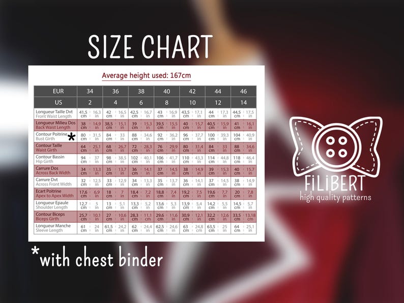 May include: Size chart for clothing with measurements in inches and centimeters. The chart includes measurements for bust, waist, hips, back length, shoulder length, sleeve length, and more. The chart is for sizes 34 to 46.