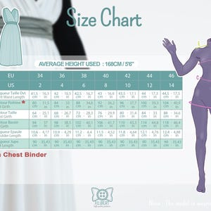 May include: A size chart for a dress featuring a table with EU and US sizes ranging from 34 to 46 and 2 to 14. It includes measurements for front waist length, bust, waist, hip, shoulder, and skirt length in inches and centimeters.