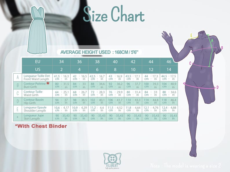 May include: A size chart for a dress featuring a table with EU and US sizes ranging from 34 to 46 and 2 to 14. It includes measurements for front waist length, bust, waist, hip, shoulder, and skirt length in inches and centimeters.
