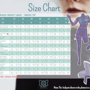 May include: A size chart for clothing featuring a table with EU and US sizing from 34 to 46 and 2 to 14. It includes measurements for front waist, back waist, bust, waist, hip, back width, front width, apex, shoulder, bicep, arm, rise, and thigh.