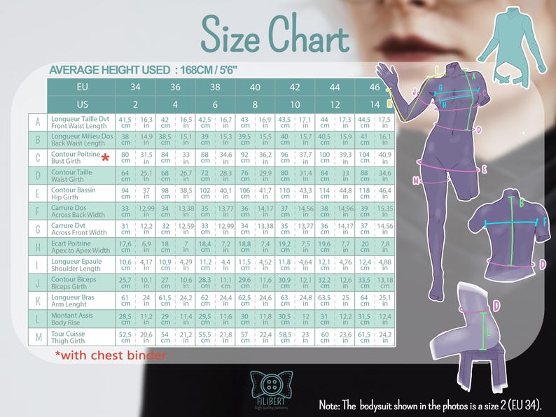 May include: A size chart for clothing featuring a table with EU and US sizing from 34 to 46 and 2 to 14. It includes measurements for front waist, back waist, bust, waist, hip, back width, front width, apex, shoulder, bicep, arm, rise, and thigh.
