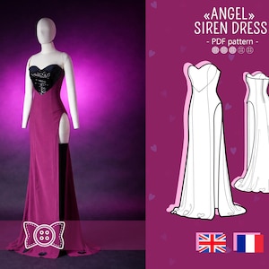 May include: A magenta, floor-length dress with a high slit and a black sequined heart-shaped bodice is displayed on a mannequin. The image also features a PDF pattern with the text "Angel Siren Dress".