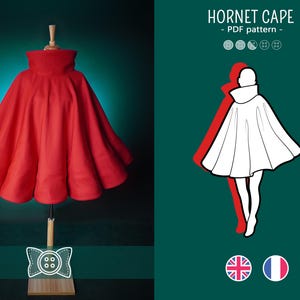 Puede incluir: Una capa de color rojo brillante con cuello alto exhibida en un maniquí. El lado derecho presenta una ilustración gráfica de la capa con el texto HORNET CAPE - PDF pattern, junto con iconos de botones y banderas del Reino Unido y Francia.
